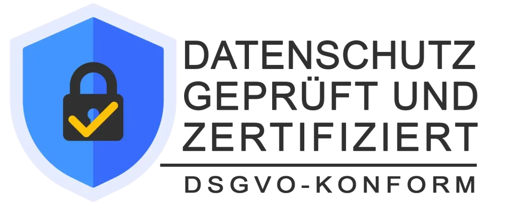 Emblem Datenschutz geprüft und zertifiziert, DSGVO-Konform